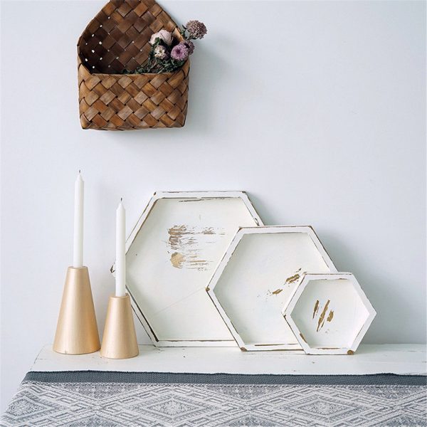 3 sizes retro pastoral wood storage tray fruit cake dessert plate white color hexagon jewelry display home office decor